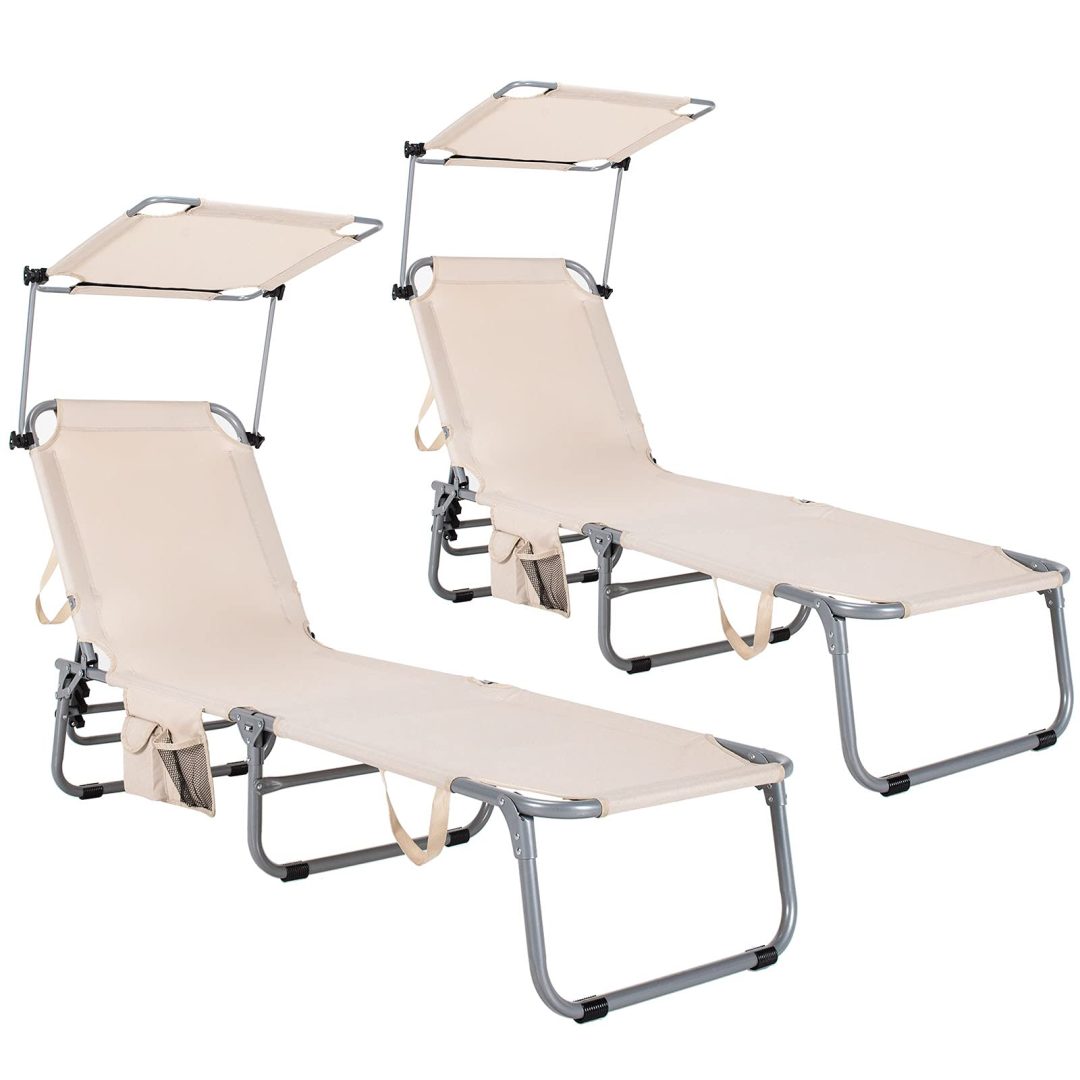 ZenVora Folding Lounge Chair with Canopy – Shade Chair with Storage Pocket