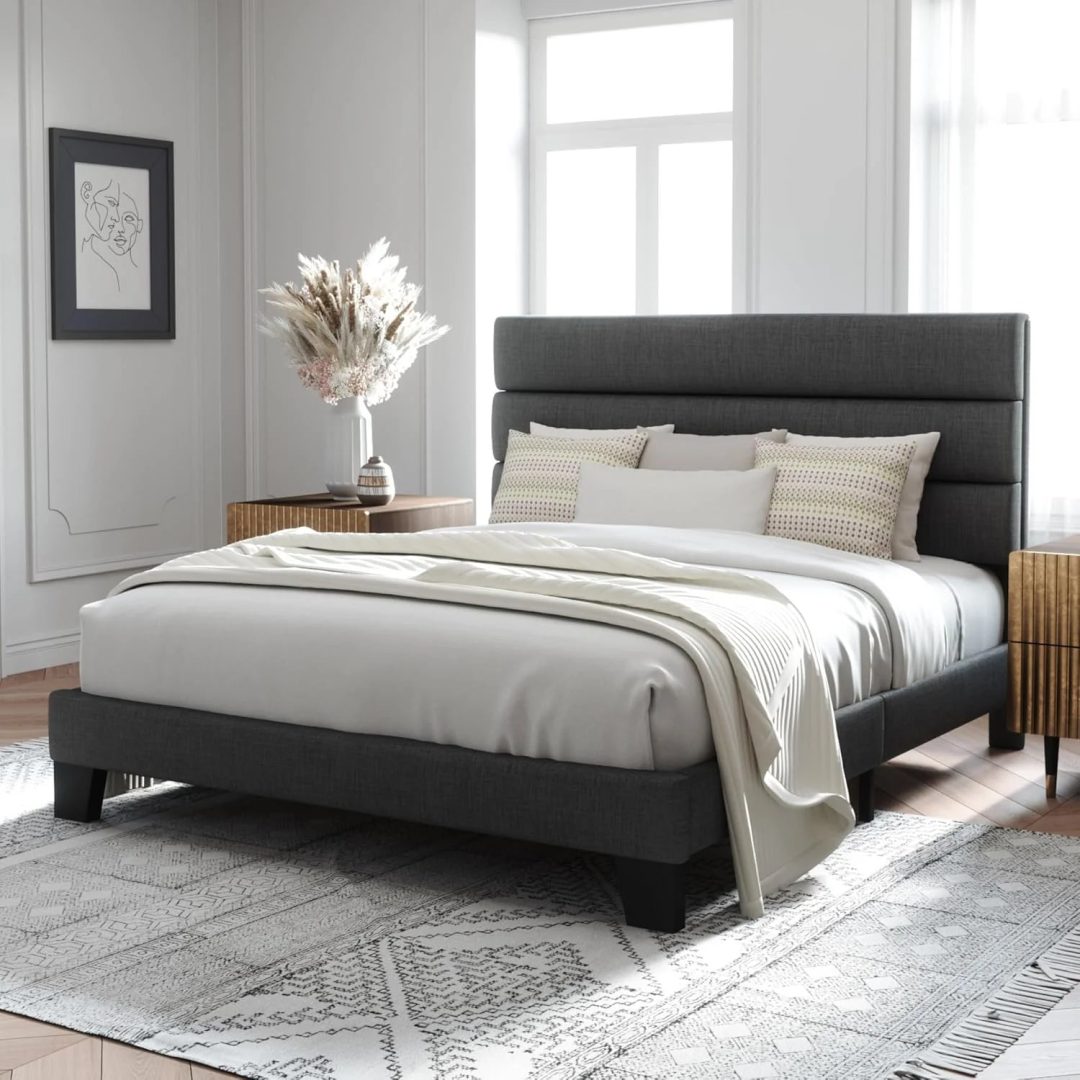 ZenVora Queen Size Upholstered Platform Bed Frame, Dark Gray Fabric Bed with Headboard for Bedroom