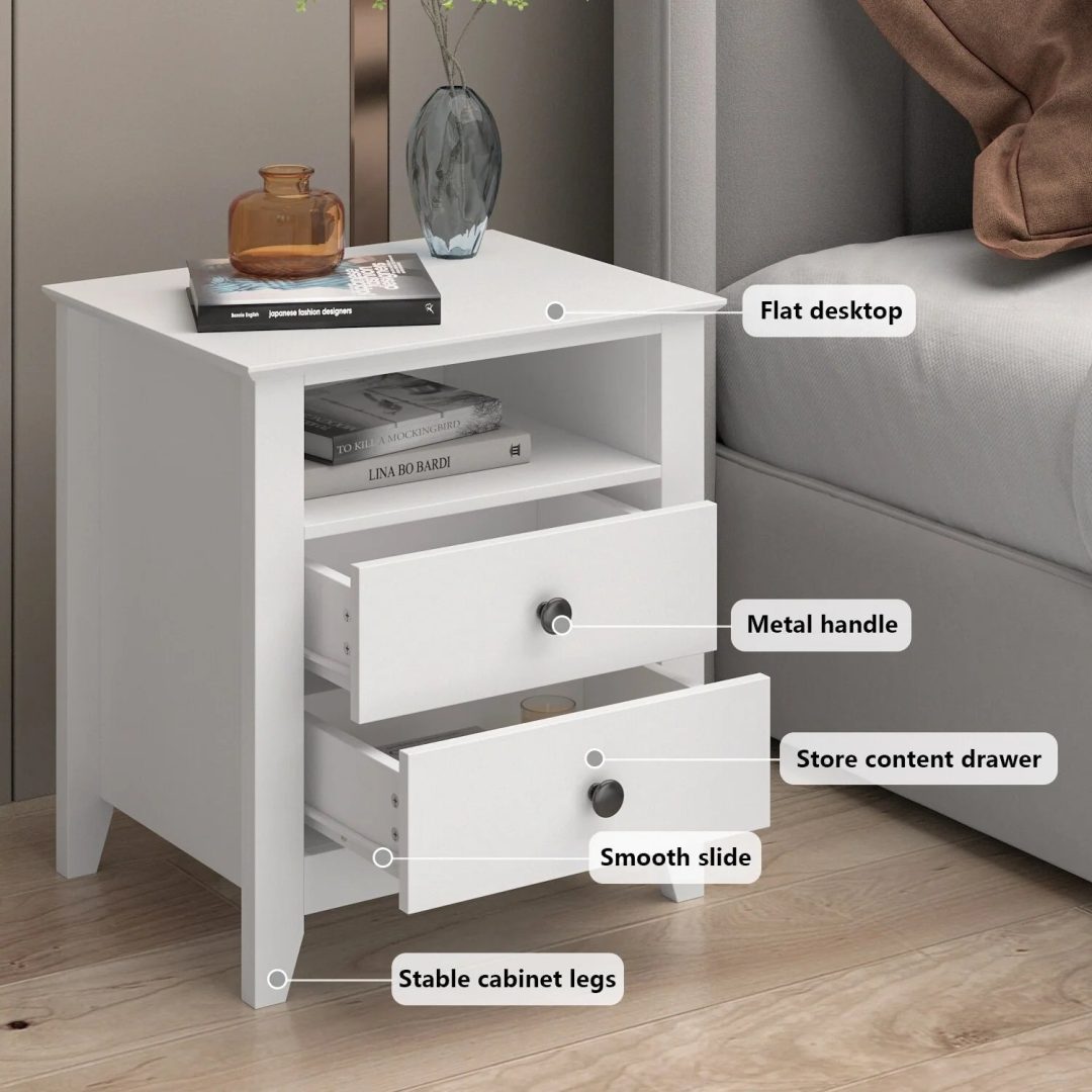 ZenVora 21.7 Inch Tall White Nightstand, 2 Drawers and 1 Open Shelf Bedside End Table
