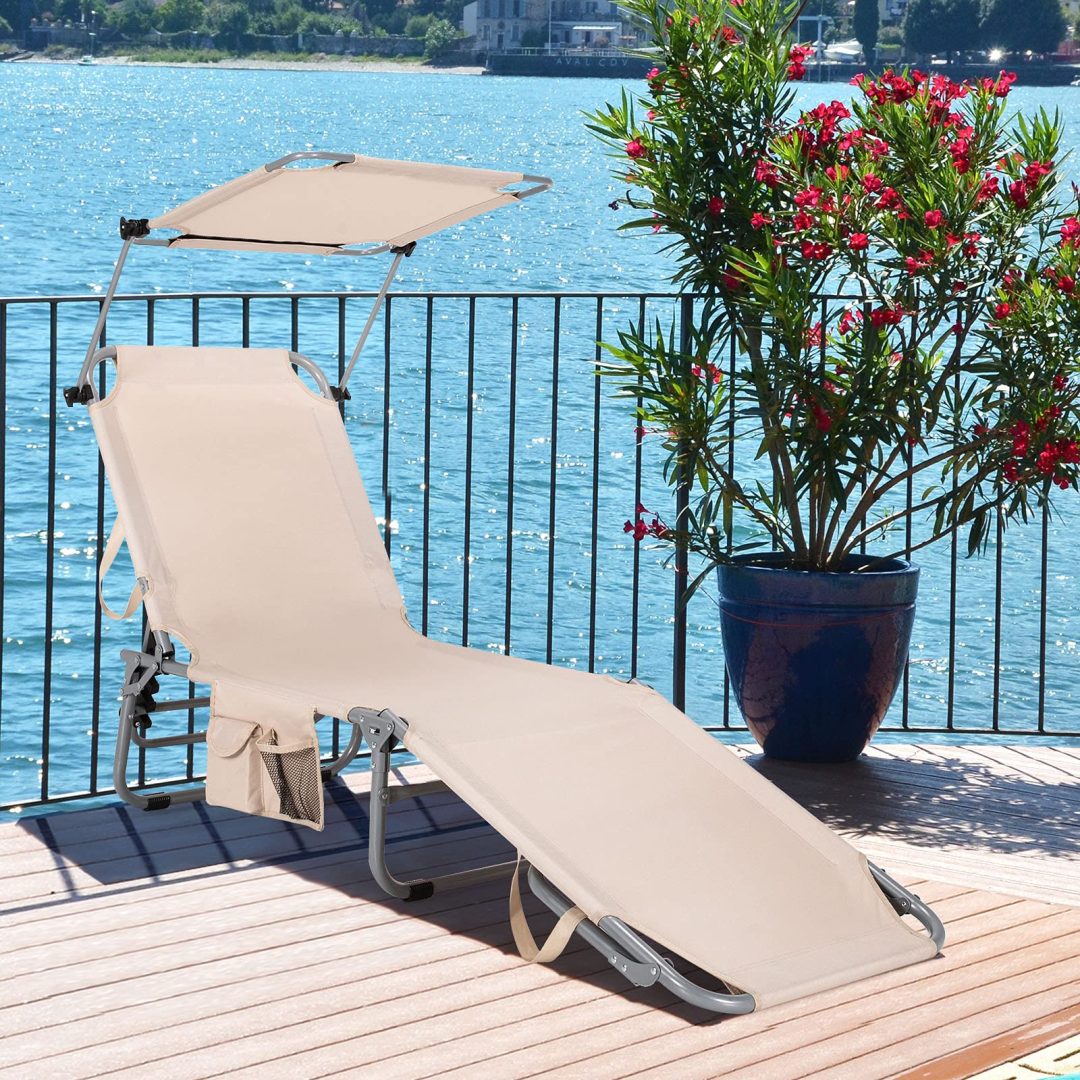 ZenVora Folding Lounge Chair with Canopy – Shade Chair with Storage Pocket