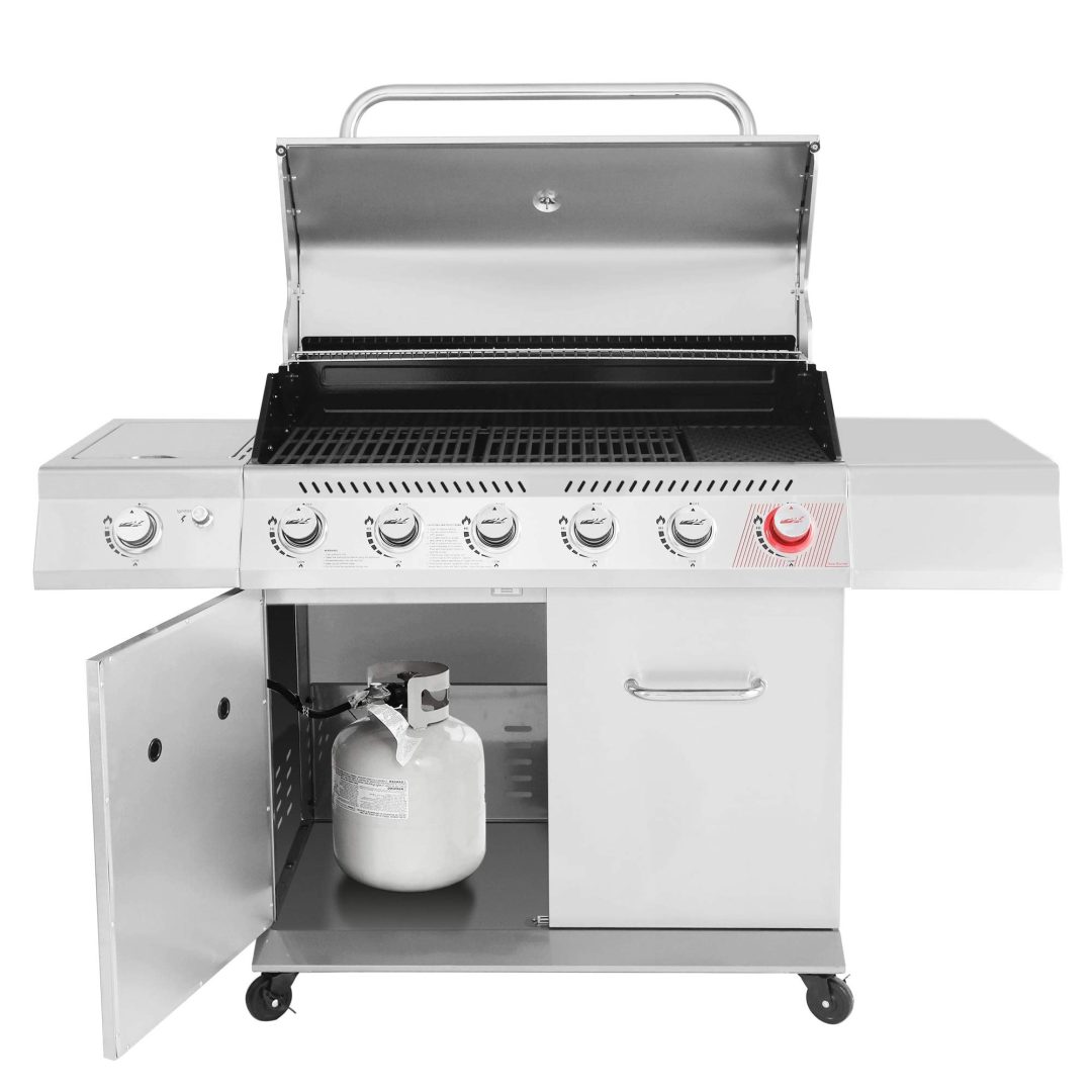 ZenVora Stainless Steel 6-Burner Gas Grill – 74,000 BTU with Sear & Side Burner, Cabinet Style