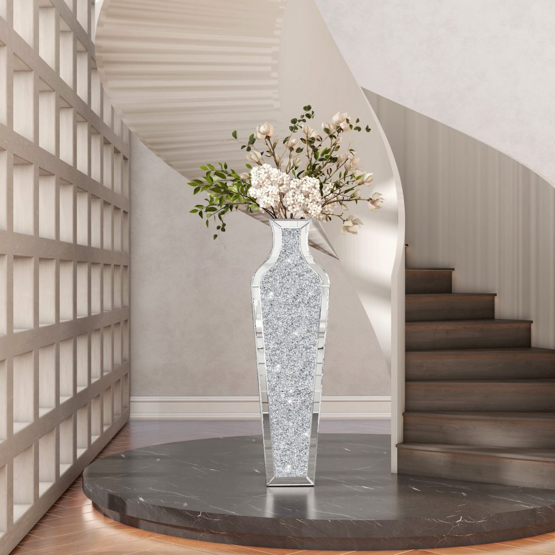 ZenVora Tall Crushed Diamond Floor Vase, Luxury Decorative Crystal Accent Vase for Living Room, Bedroom and Home Decor