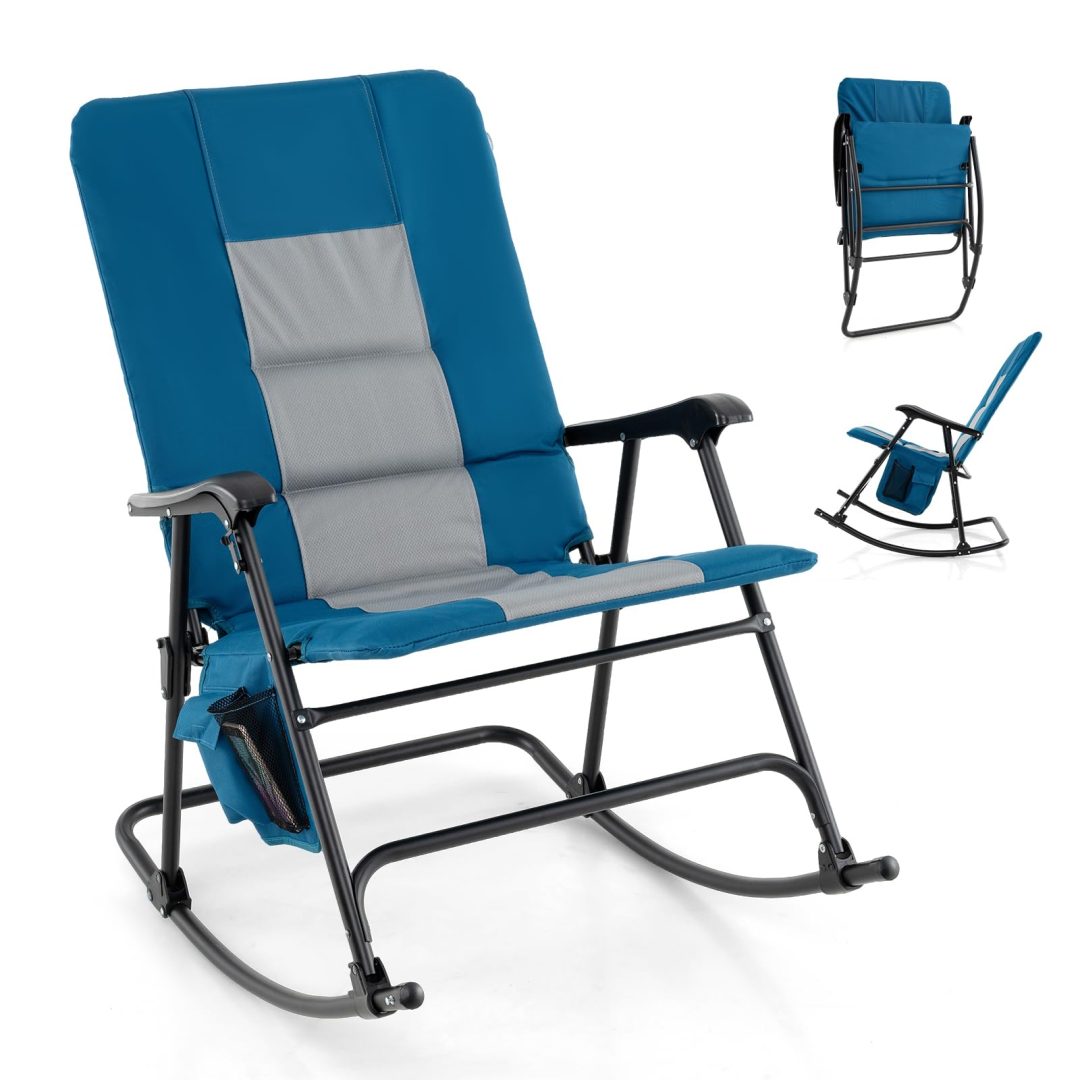 ZenVora Oversized Folding Rocking Chair – Padded Patio Lounge with Metal Frame & Side Pocket