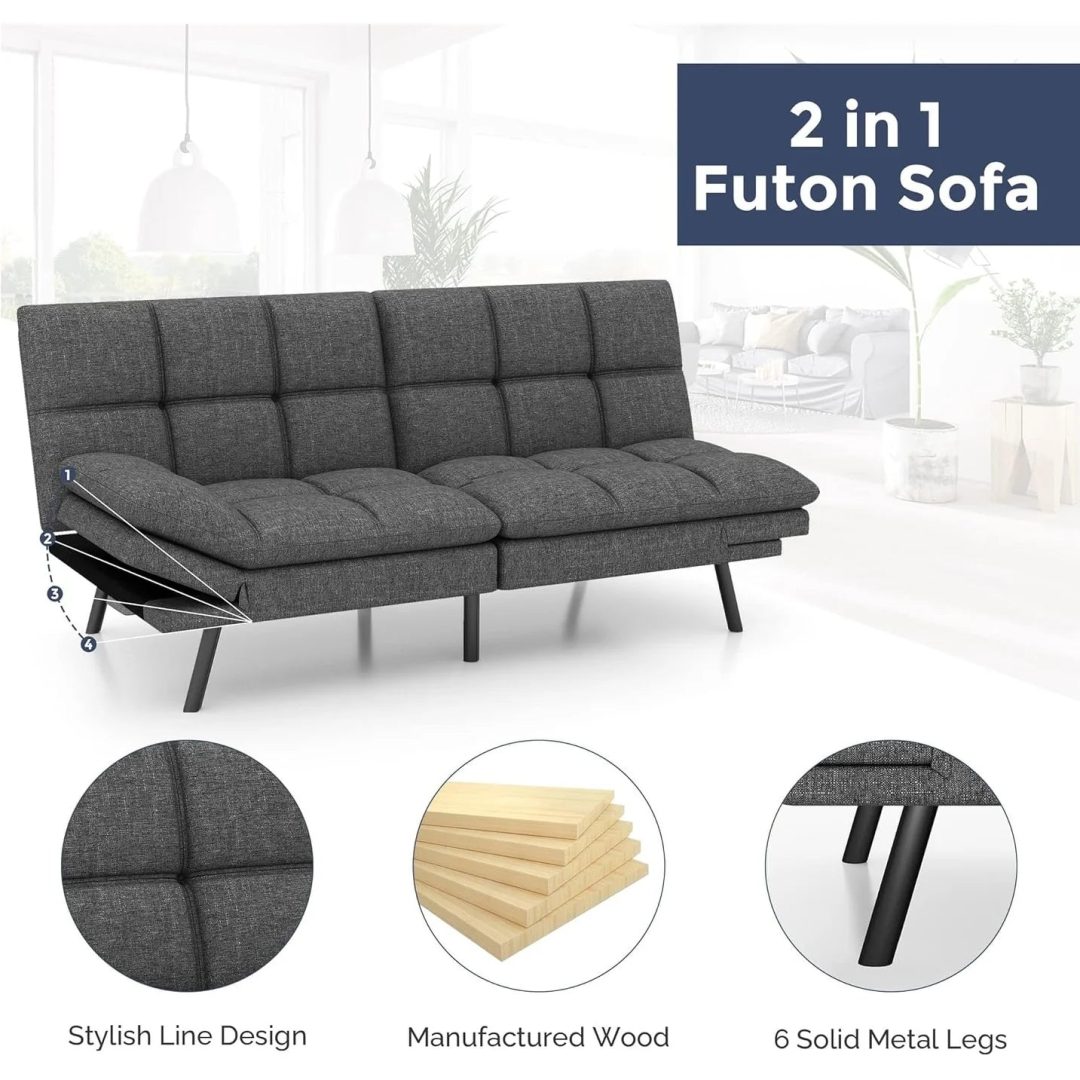 ZenVora Convertible Futon Sofa Bed with Memory Foam, Foldable Loveseat Sleeper with Adjustable Armrests