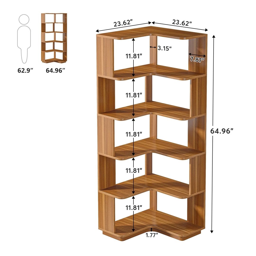ZenVora 64.9 Inch Tall 6-Tier Corner Bookshelf, Freestanding Wood Industrial Bookcase