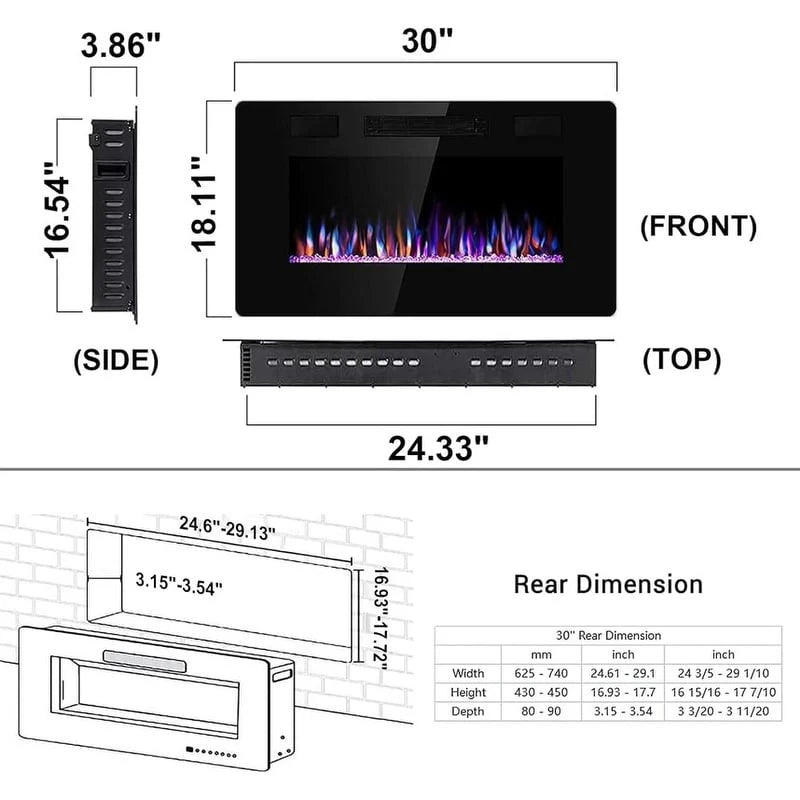 ZenVora Recessed Electric Fireplace Heater, Wall Mounted 750-1500W Fireplace with Remote Control