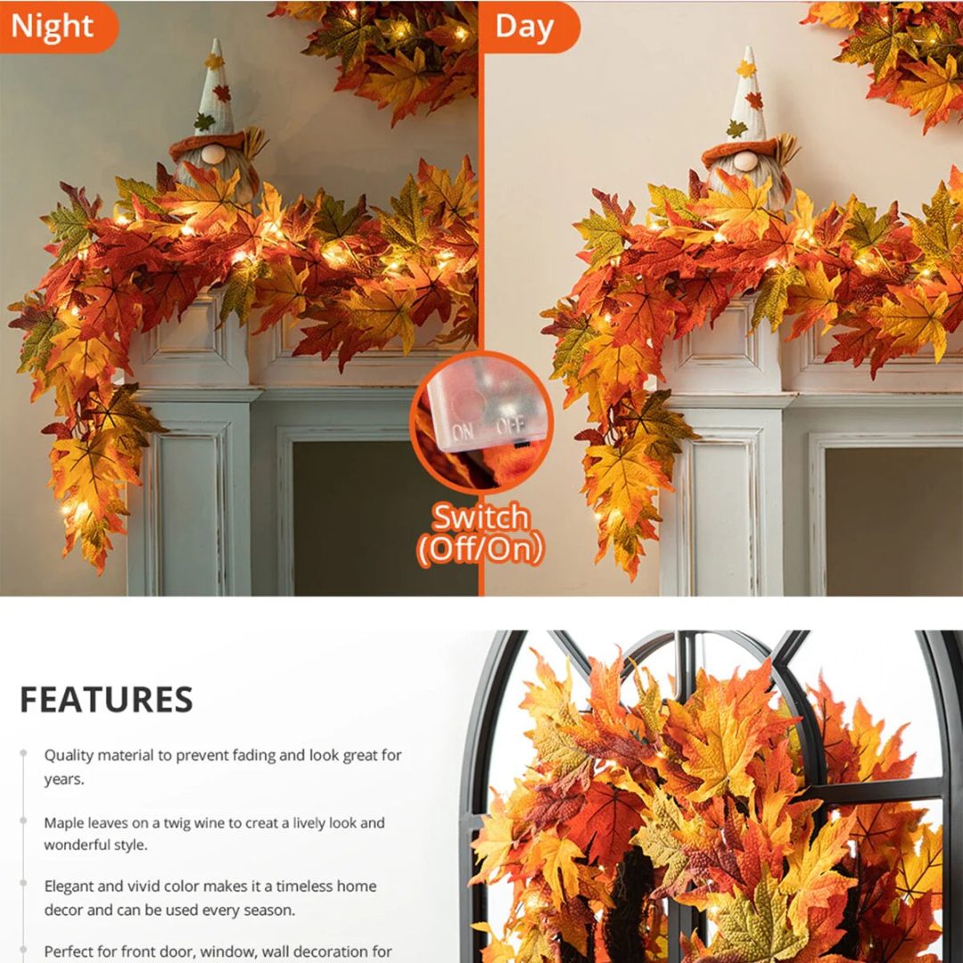 ZenVora Thanksgiving LED Lighted Fall Maple Leaf Wreath and Garland - Autumn Home Decor