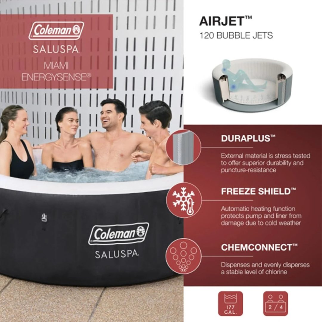 ZenVora 2-4 Person Inflatable Hot Tub, Portable Round Outdoor Spa with 120 Soothing Air Jets and Insulated Cover, Black