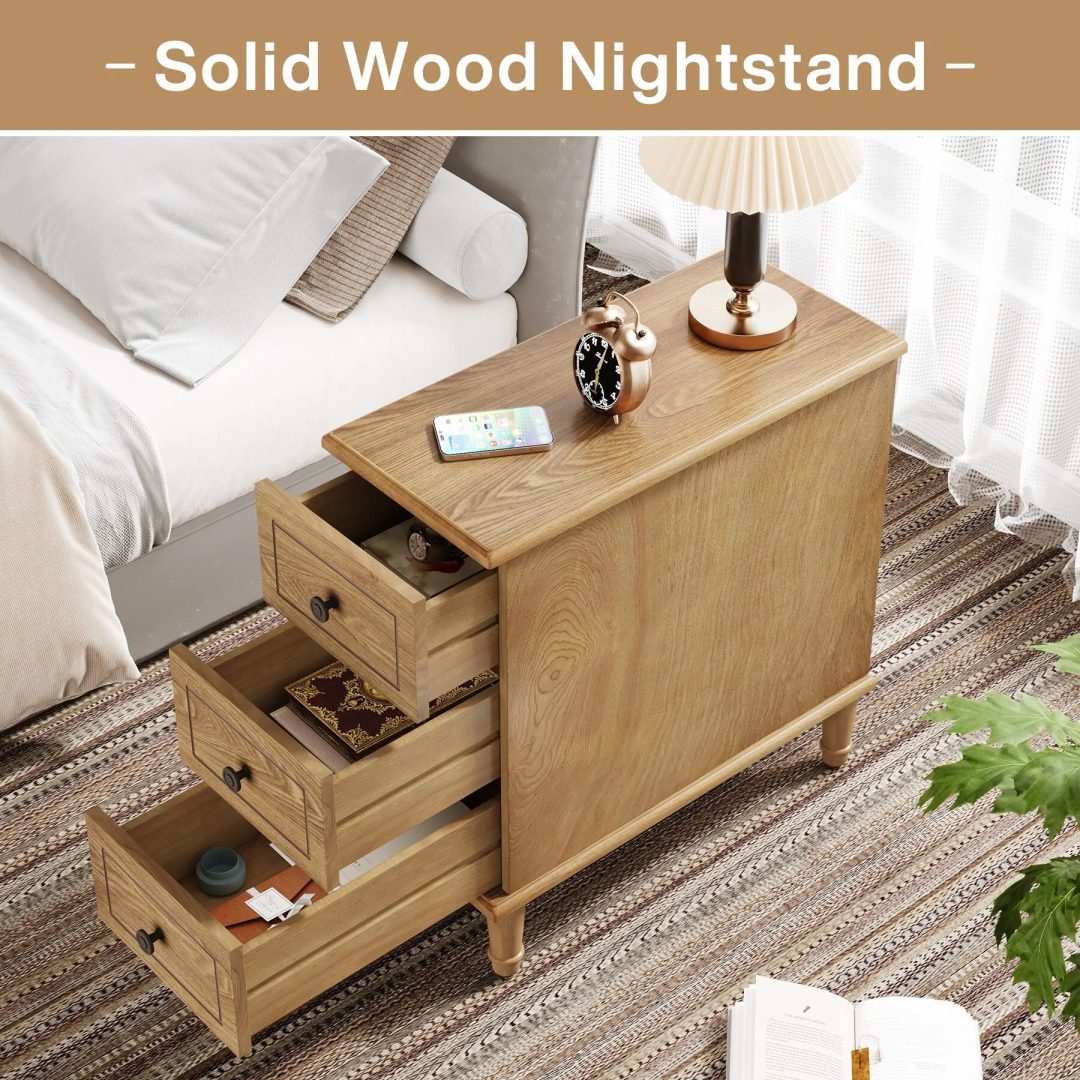 ZenVora Fully Assembled Narrow End Table, Solid Wood Side Table with 3 Drawers, Vintage Nightstand for Small Spaces