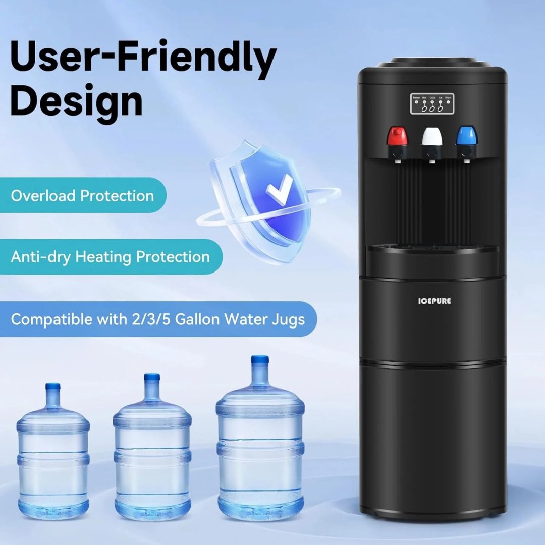 ZenVora 3-in-1 Hot & Cold Water Cooler with Built-in Ice Maker – Top Loading for 3-5 Gallon Bottles, Child Safety Lock, Black