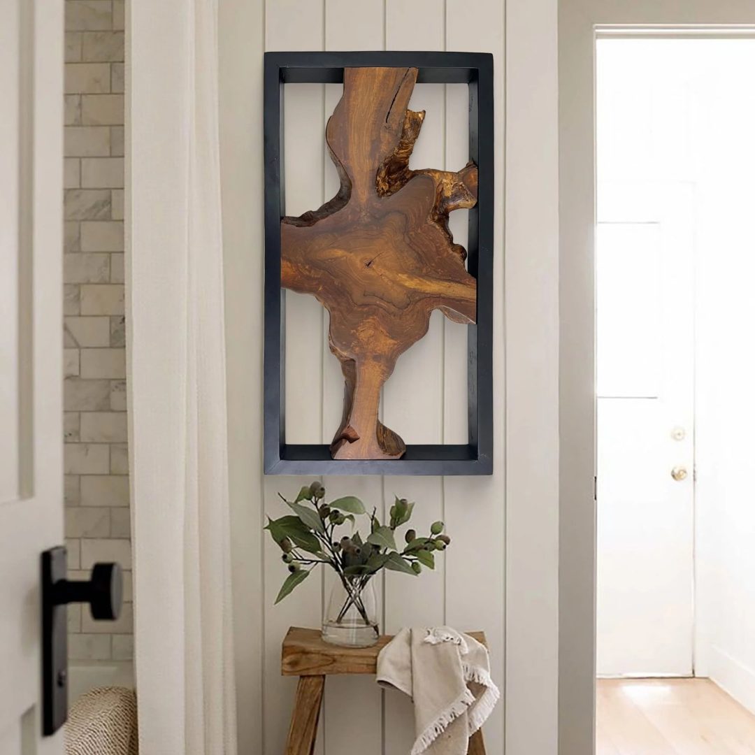ZenVora Abstract Live Edge Teak Wood Wall Sculpture, Natural Wooden Wall Art Decor for Living Room and Home Decoration