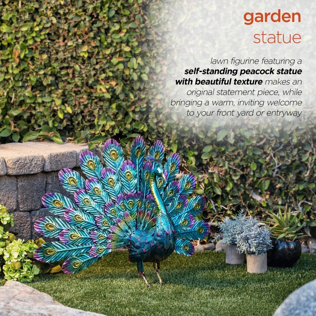ZenVora Tall Metallic Peacock Garden Statue, Multicolor Outdoor Standing Bird Sculpture for Yard, Patio and Garden Decoration