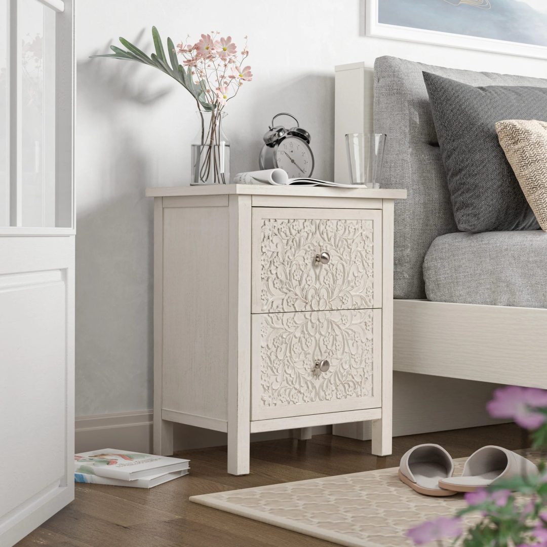 Farmhouse Fully Assembled Nightstand with 2 Drawers, Flower Motif End Table for Small Spaces