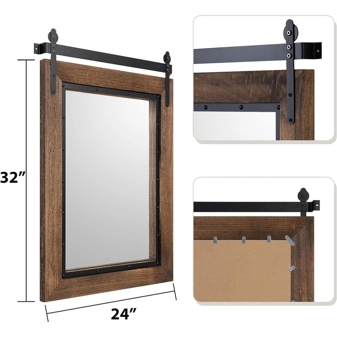 ZenVora Farmhouse Barn Door Style Bathroom Vanity Mirror, Natural Wood Wall Mirror for Bathroom, Bedroom and Entryway