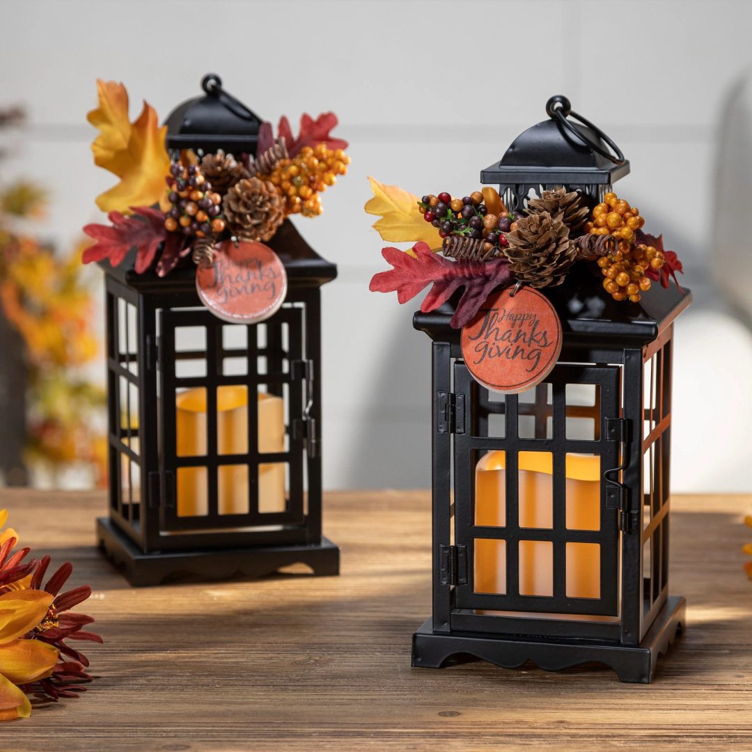 ZenVora Set of 2 Autumn Lanterns with Fall Floral Accents, Decorative Seasonal Lanterns for Home, Porch and Table Decor