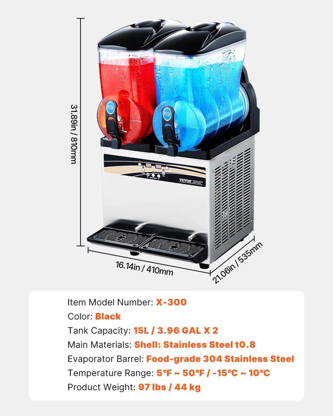 ZenVora 15L x 2 Double-Tank Commercial Slushy Machine, Stainless Steel, Frozen Drink Machine