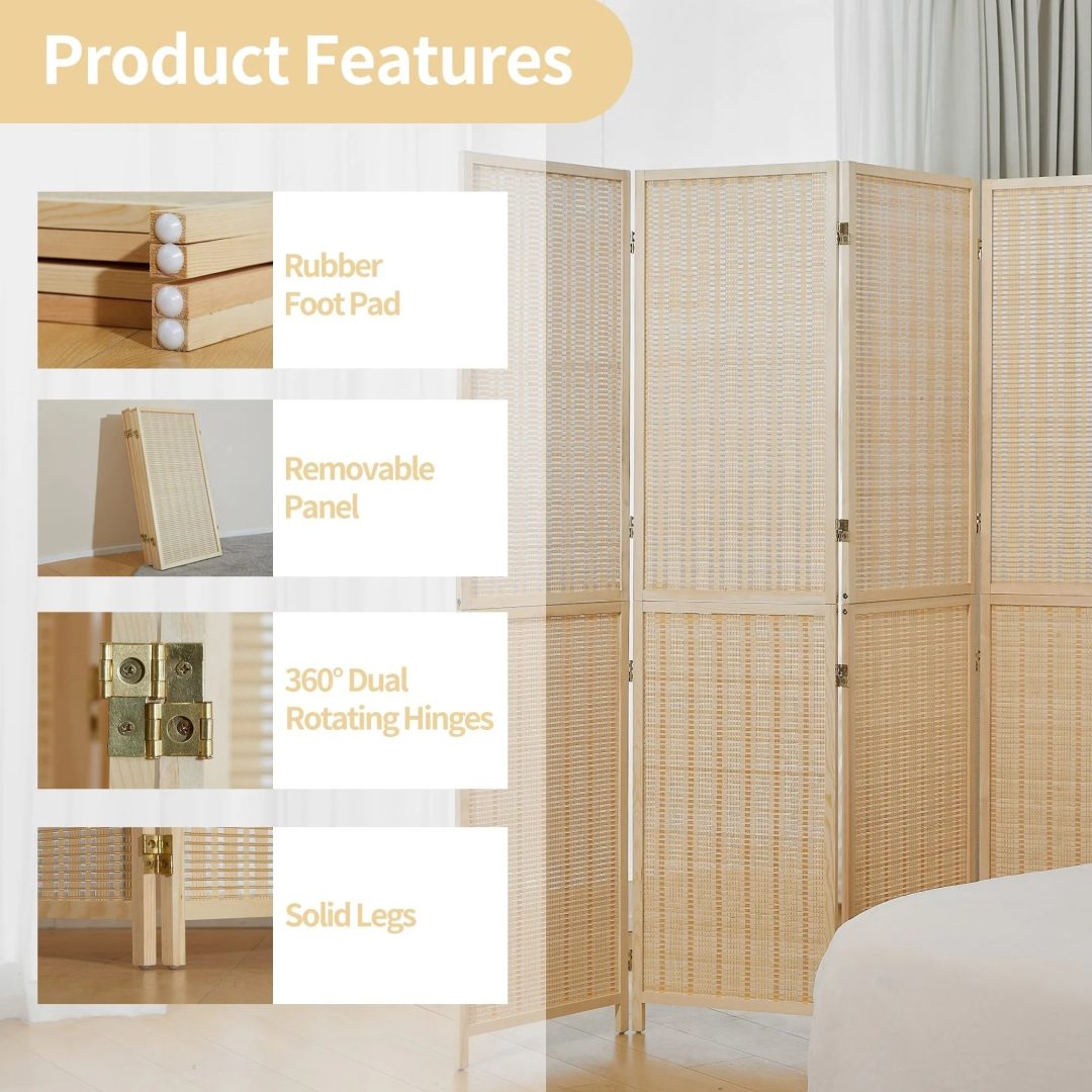 ZenVora 4-Panel Bamboo Folding Partition Screen 6FT Detachable Room Divider