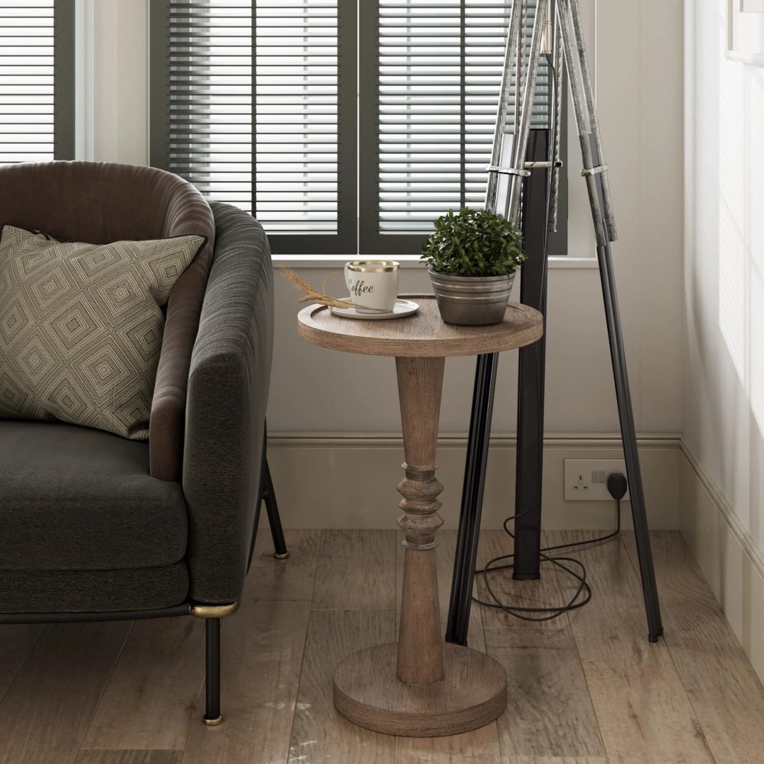ZenVora Small Pedestal End Table with Tray Top, Farmhouse Distressed Finish Accent Table