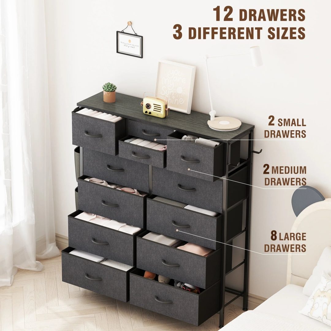 ZenVora 12 Drawer Fabric Dresser, Tall Bedroom Chest of Drawers with Storage
