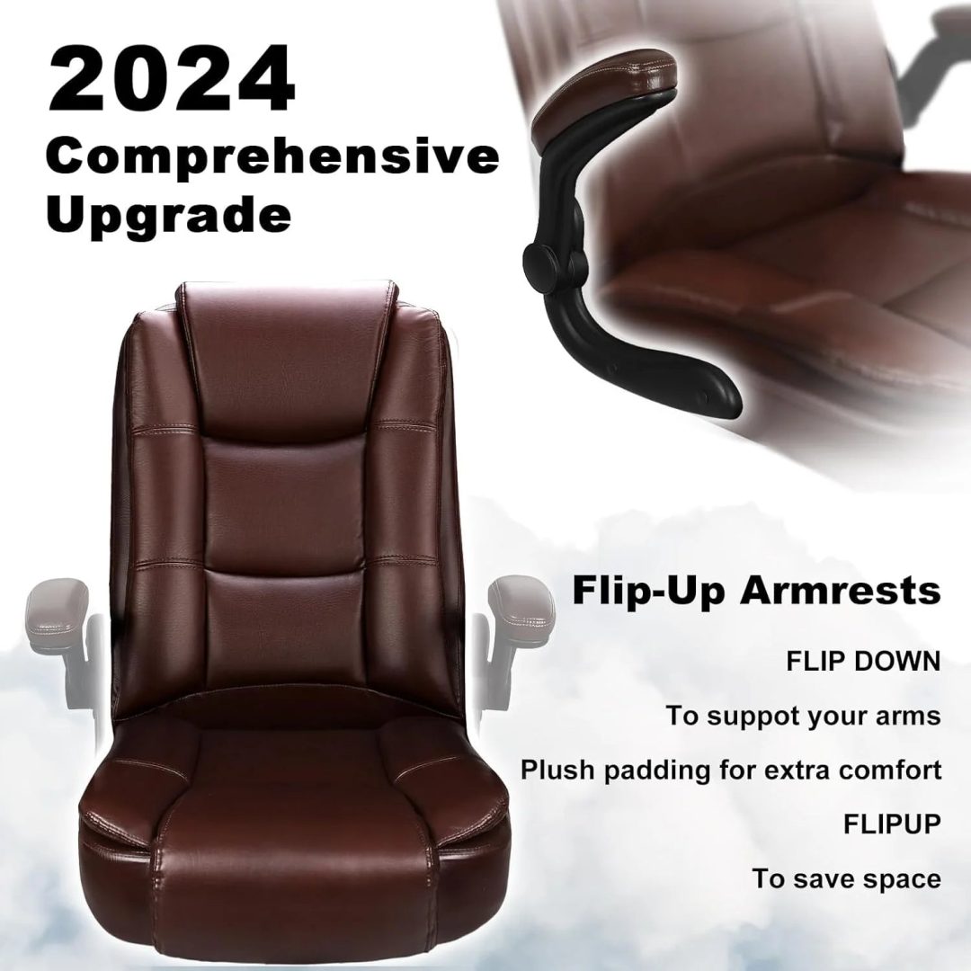 ZenVora Big and Tall Ergonomic Office Chair, High Back Leather Executive Computer Chair with Padded Flip-Up Arms
