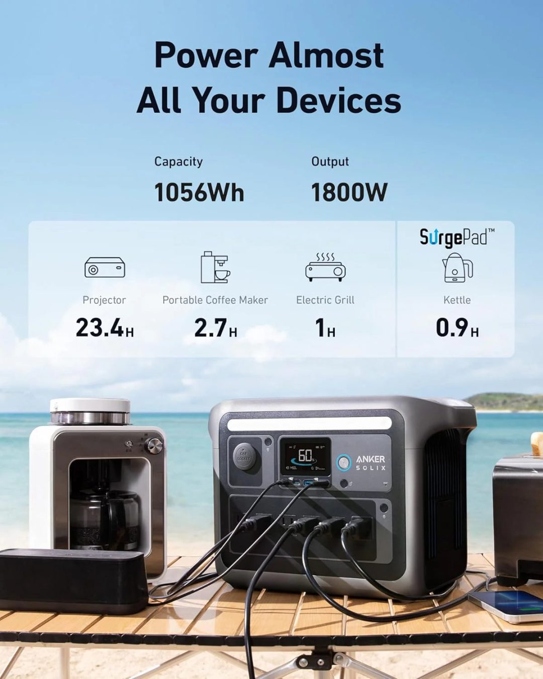 ZenVora Portable Power Station, 1800W Rated Power, 2400W Peak Output, 1056Wh LiFePO4 Battery, Fast 58-Minute Full Charge, Solar Generator for Outdoor, Emergency and Backup Power
