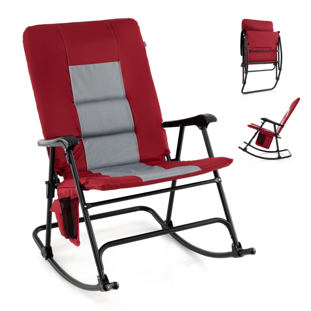 ZenVora Oversized Folding Rocking Chair – Padded Patio Lounge with Metal Frame & Side Pocket