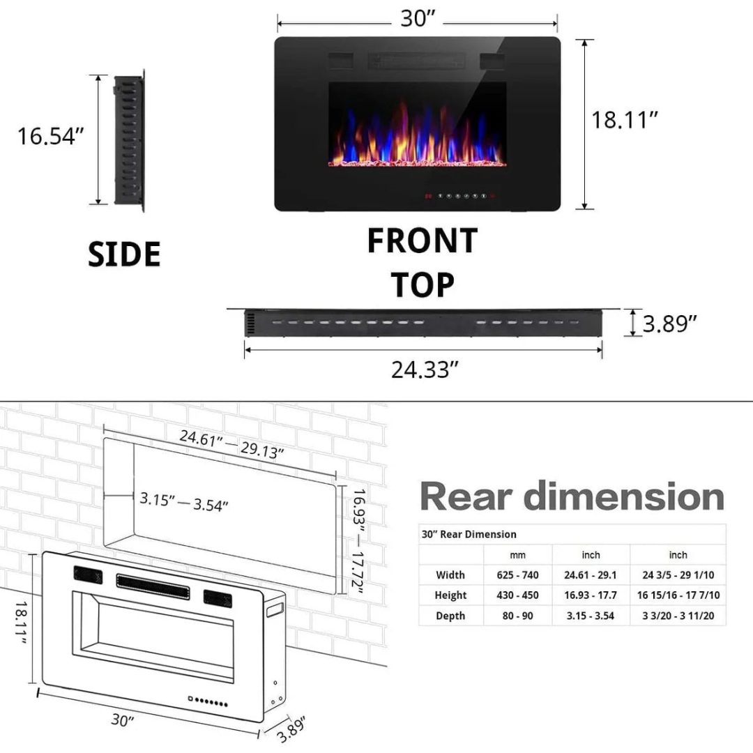 ZenVora Recessed Electric Fireplace Heater, Wall Mounted 750-1500W Fireplace with Remote Control