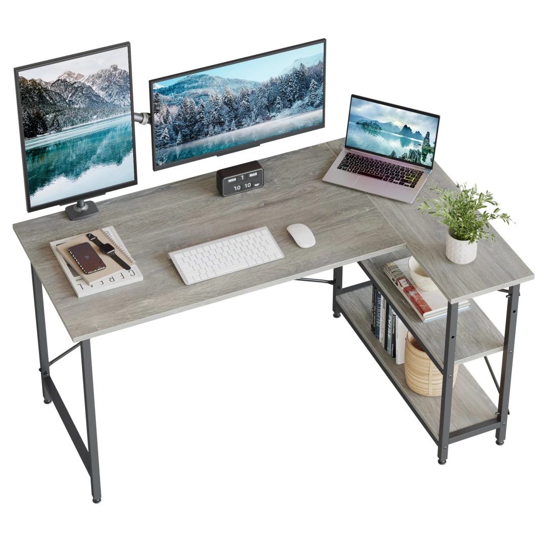 ZenVora Small L Shaped Computer Desk with Storage Shelves, Compact Corner Workstation for Home Office and Study