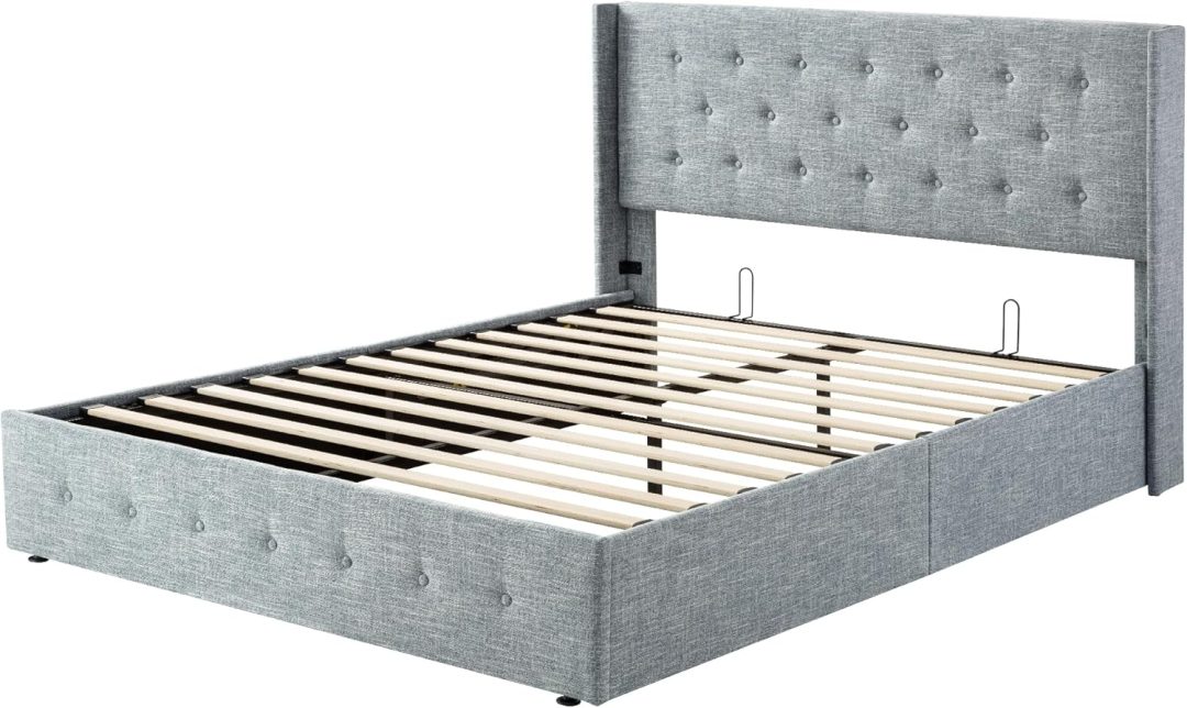 ZenVora Queen Size Lift Up Storage Bed with Wingback Headboard, Upholstered Platform Bed Frame with Hidden Storage