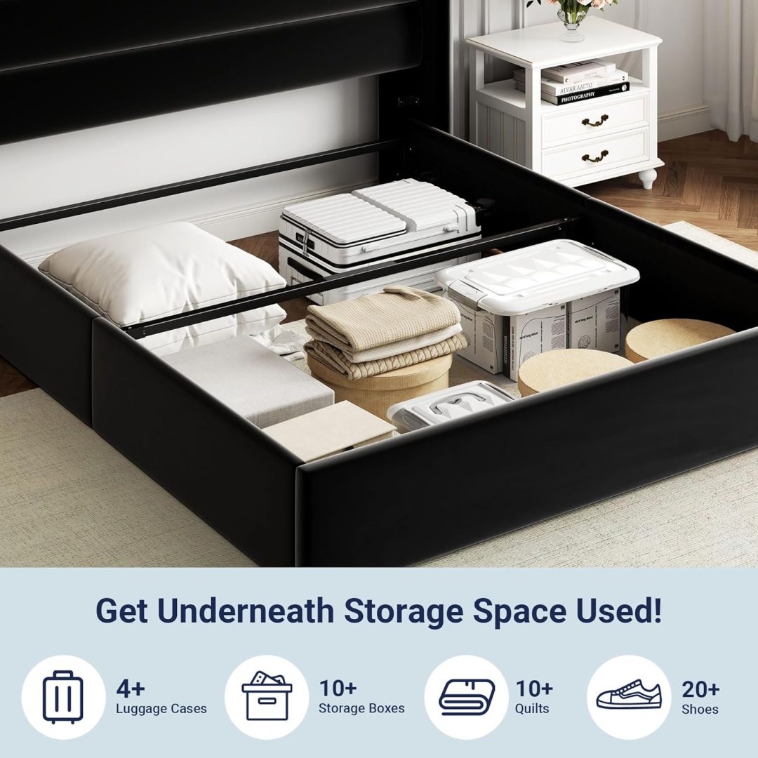 ZenVora Queen Size Lift Up Storage Bed with Wingback Headboard, Upholstered Platform Bed Frame with Hidden Storage