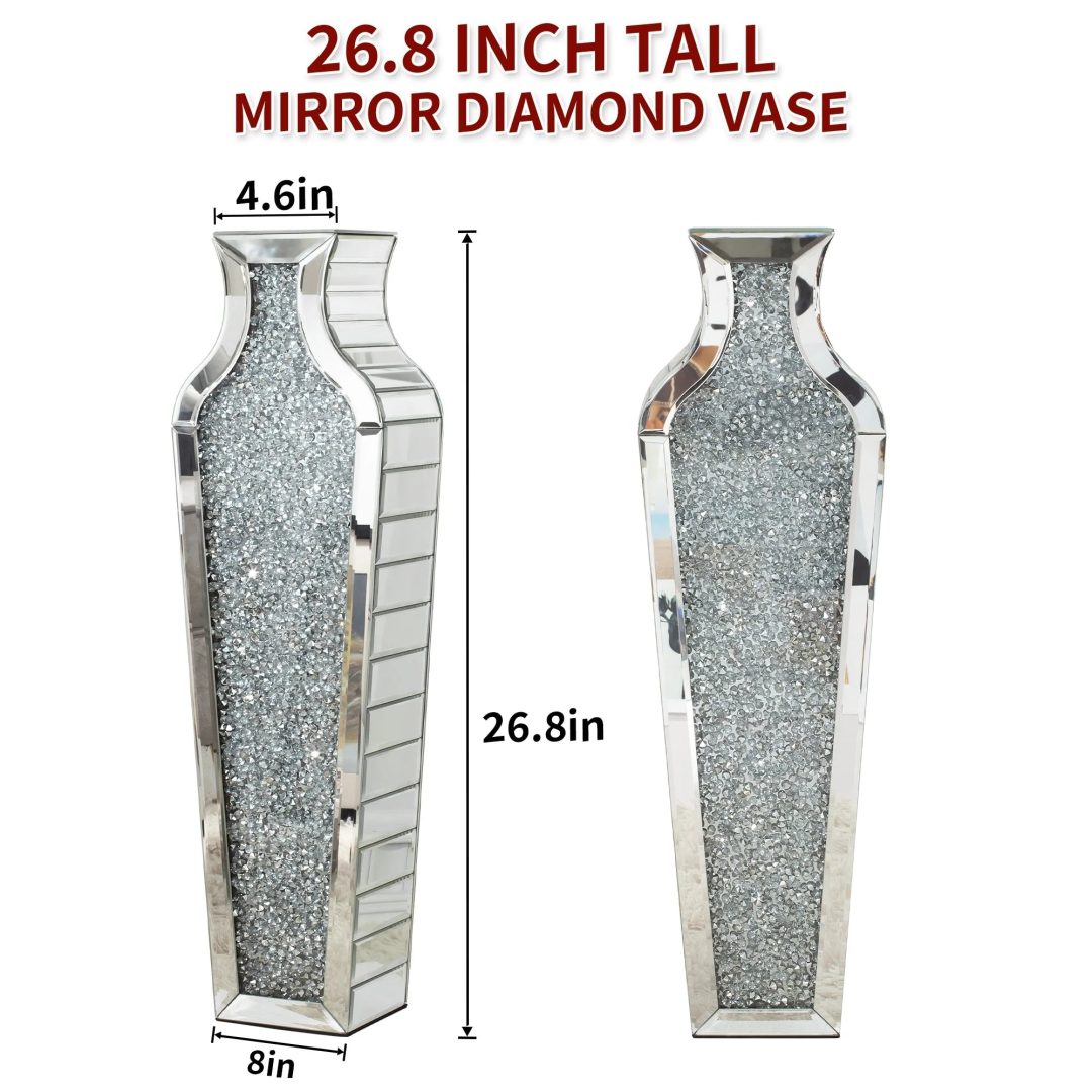 ZenVora Tall Crushed Diamond Floor Vase, Luxury Decorative Crystal Accent Vase for Living Room, Bedroom and Home Decor