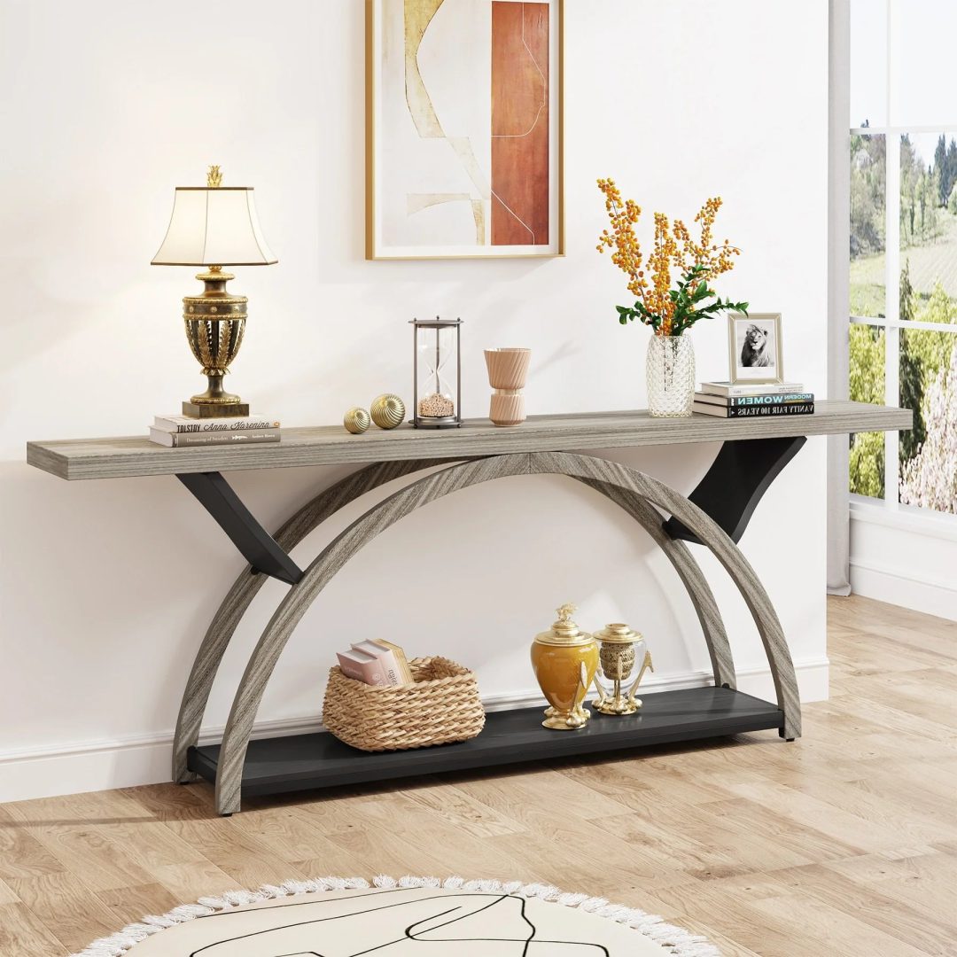 ZenVora Gray 2-Tier Slim Console Sofa Table, Semi-Circular Metal Frame for Hallway
