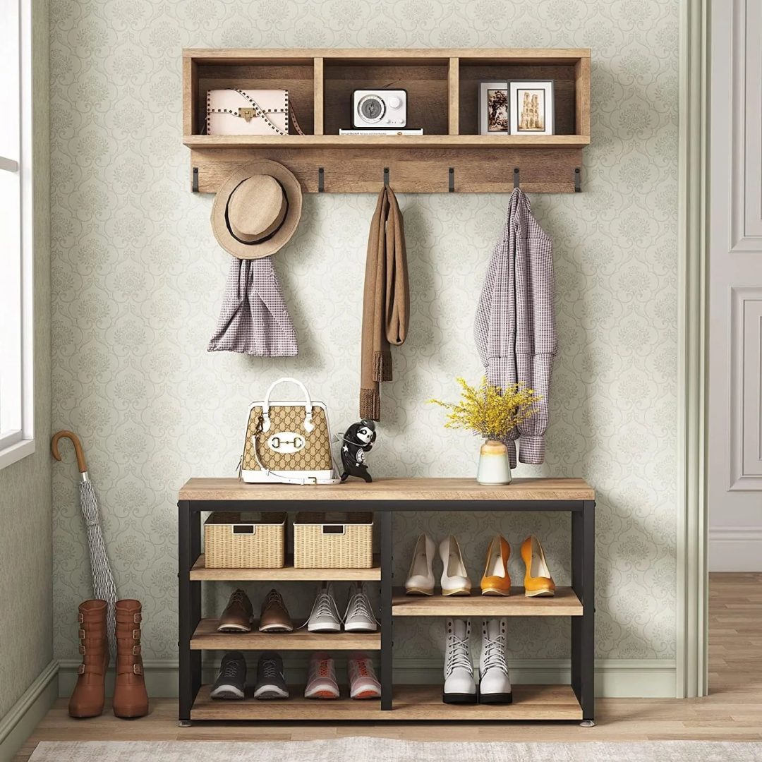 ZenVora Entryway Coat Rack and Shoe Bench Set, Industrial Hall Tree with Coat and Shoe Storage