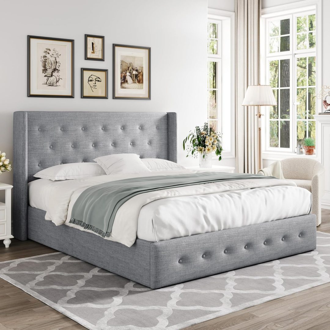 ZenVora Queen Size Lift Up Storage Bed with Wingback Headboard, Upholstered Platform Bed Frame with Hidden Storage