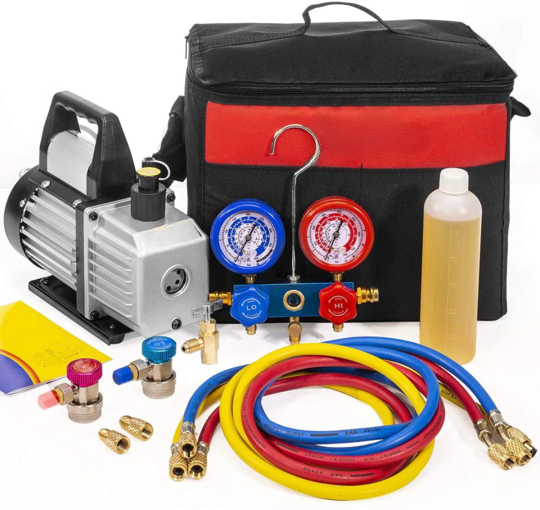 ZenVora A/C Manifold Gauge Set with 3 CFM Vacuum Pump, R12 R22 R134a R410a HVAC Refrigeration Service Kit