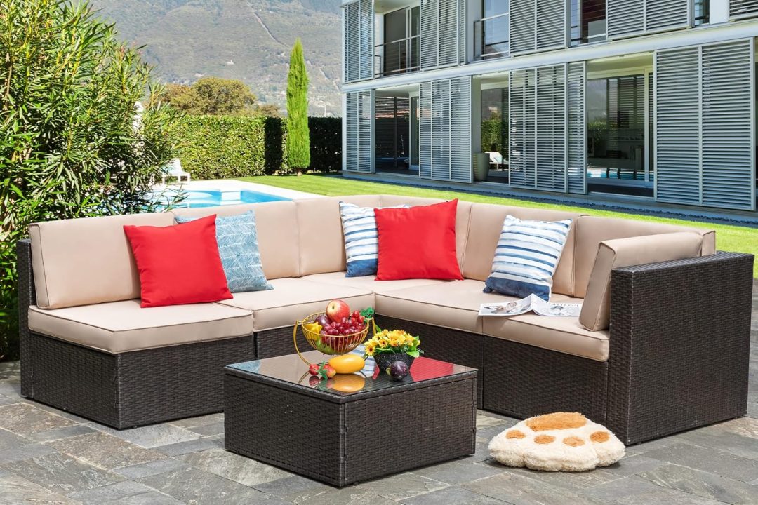 ZenVora 5-Piece All-Weather Patio Furniture Set with Ottoman, Outdoor Wicker Conversation Sofa Set with Cushions for Garden, Deck & Backyard