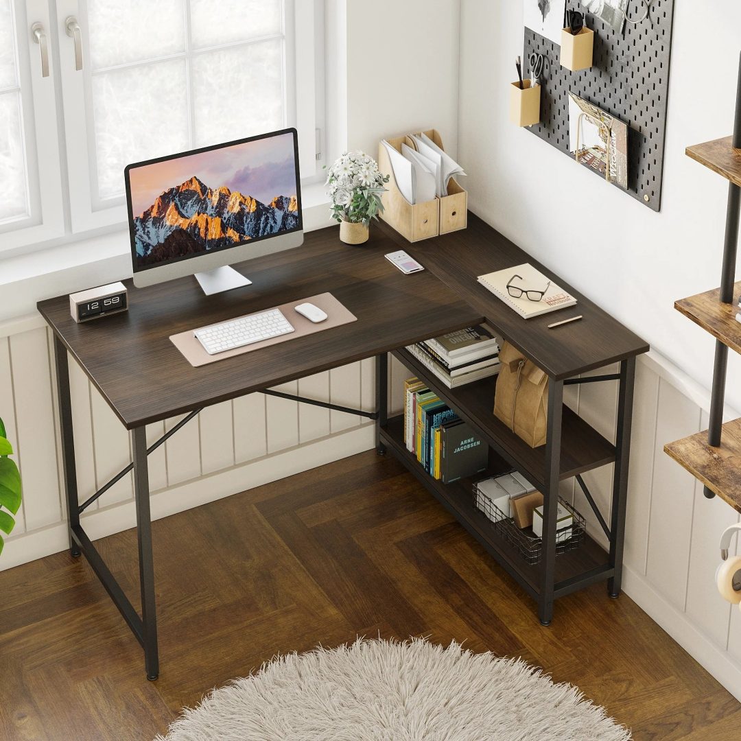 ZenVora Small L Shaped Computer Desk with Storage Shelves, Compact Corner Workstation for Home Office and Study