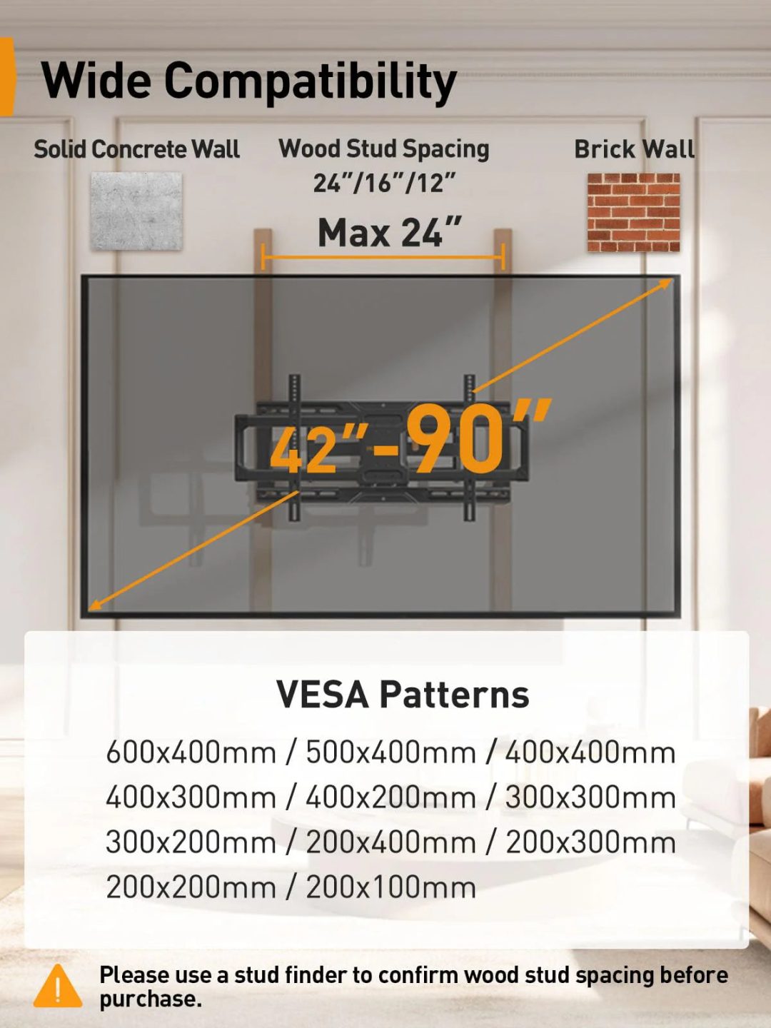 ZenVora UL Listed Full Motion TV Wall Mount for 42-90" TVs, Adjustable Swivel and Tilt Bracket for Flat Screen TVs