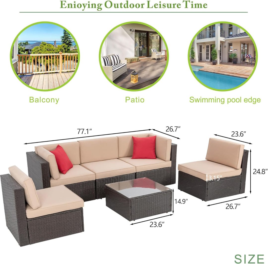 ZenVora 5-Piece All-Weather Patio Furniture Set with Ottoman, Outdoor Wicker Conversation Sofa Set with Cushions for Garden, Deck & Backyard