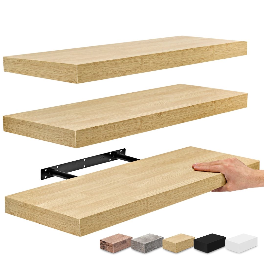 ZenVora Set of 3 Floating Wood Wall Shelves, Wall Mounted Display and Storage Shelves with Invisible Brackets for Books and Home Decor