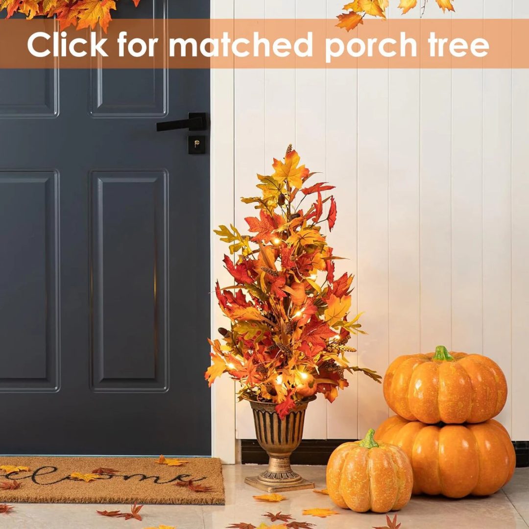 ZenVora Thanksgiving LED Lighted Fall Maple Leaf Wreath and Garland - Autumn Home Decor