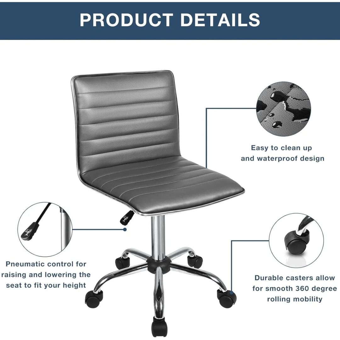 ZenVora Adjustable Mid-Back Armless Swivel Office Chair, Ribbed Task and Vanity Chair for Small Spaces