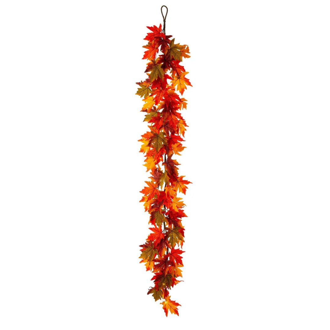 ZenVora Thanksgiving LED Lighted Fall Maple Leaf Wreath and Garland - Autumn Home Decor