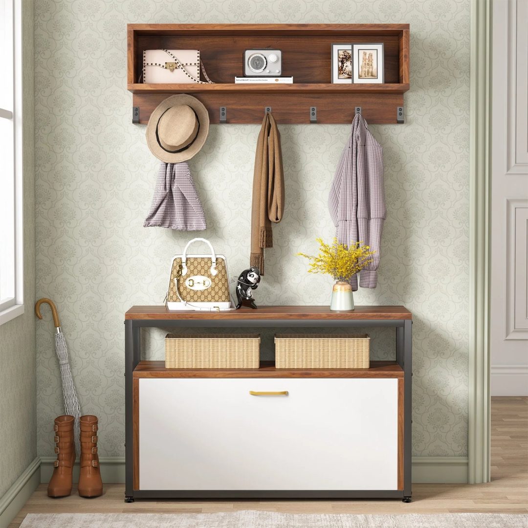 ZenVora Entryway Coat Rack and Shoe Bench Set, Industrial Hall Tree with Coat and Shoe Storage