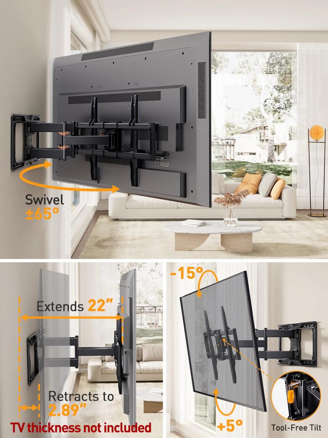 ZenVora UL Listed Full Motion TV Wall Mount for 42-90" TVs, Adjustable Swivel and Tilt Bracket for Flat Screen TVs