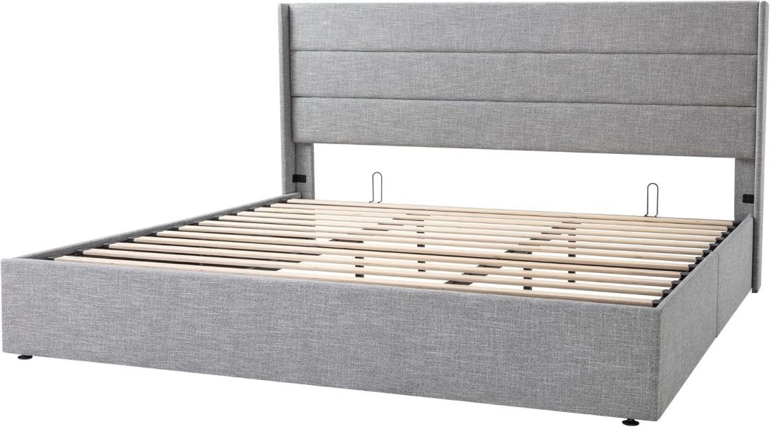 ZenVora Queen Size Lift Up Storage Bed with Wingback Headboard, Upholstered Platform Bed Frame with Hidden Storage