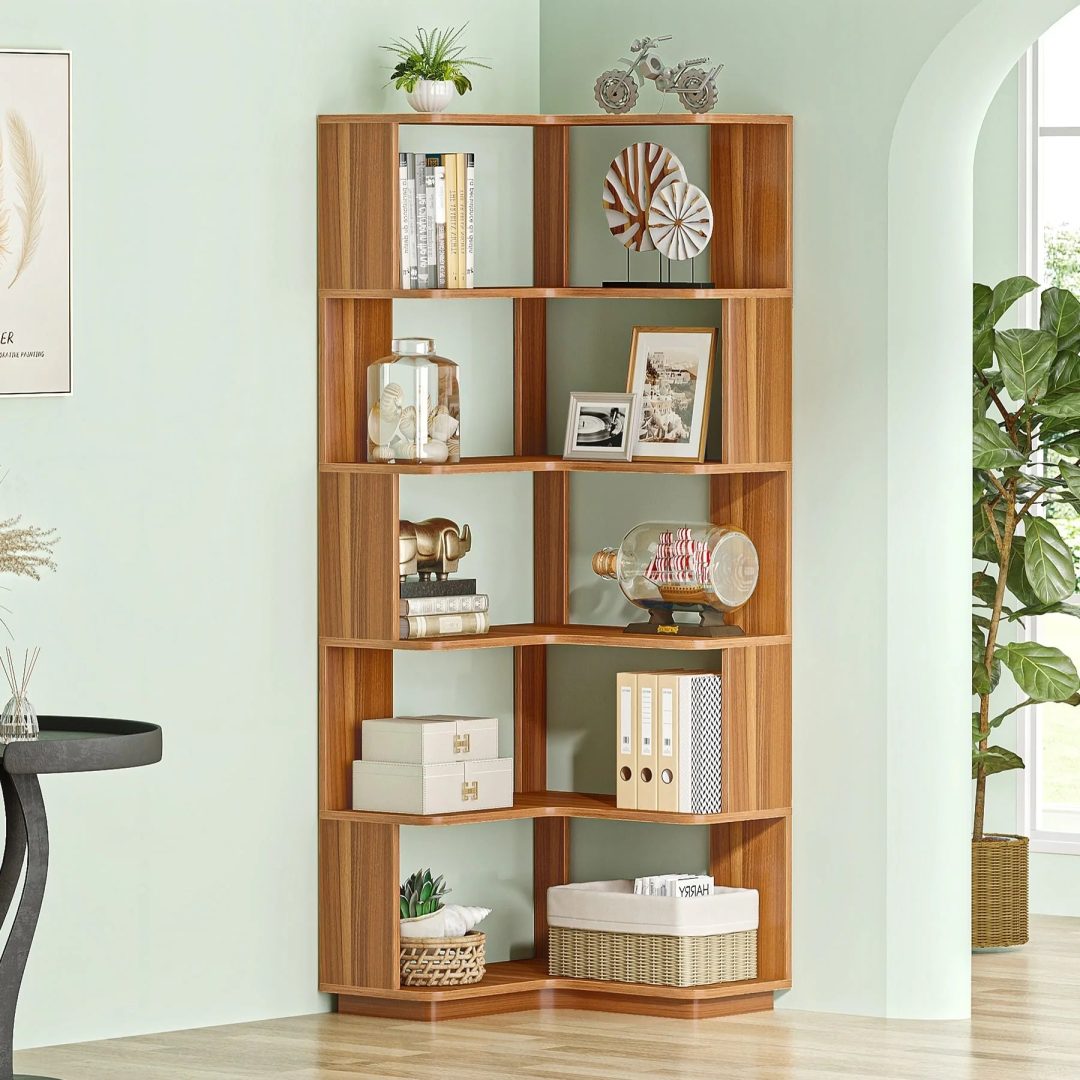 ZenVora 64.9 Inch Tall 6-Tier Corner Bookshelf, Freestanding Wood Industrial Bookcase