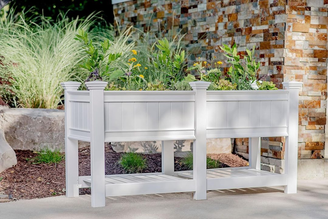 ZenVora White Vinyl Raised Garden Bed Planter Box - Paintable Outdoor Herb & Flower Planter with Storage Shelf
