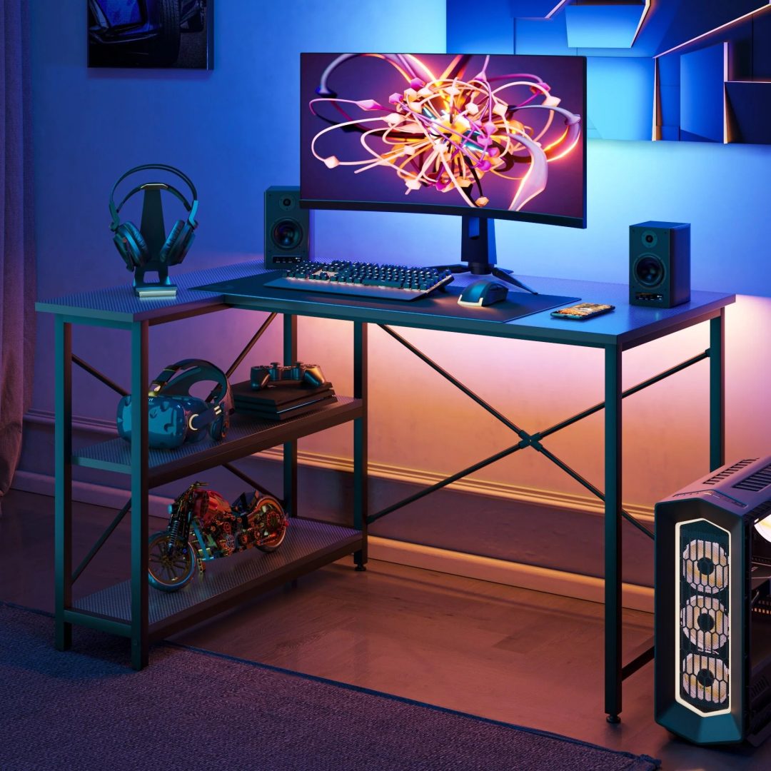 ZenVora Small L Shaped Computer Desk with Storage Shelves, Compact Corner Workstation for Home Office and Study