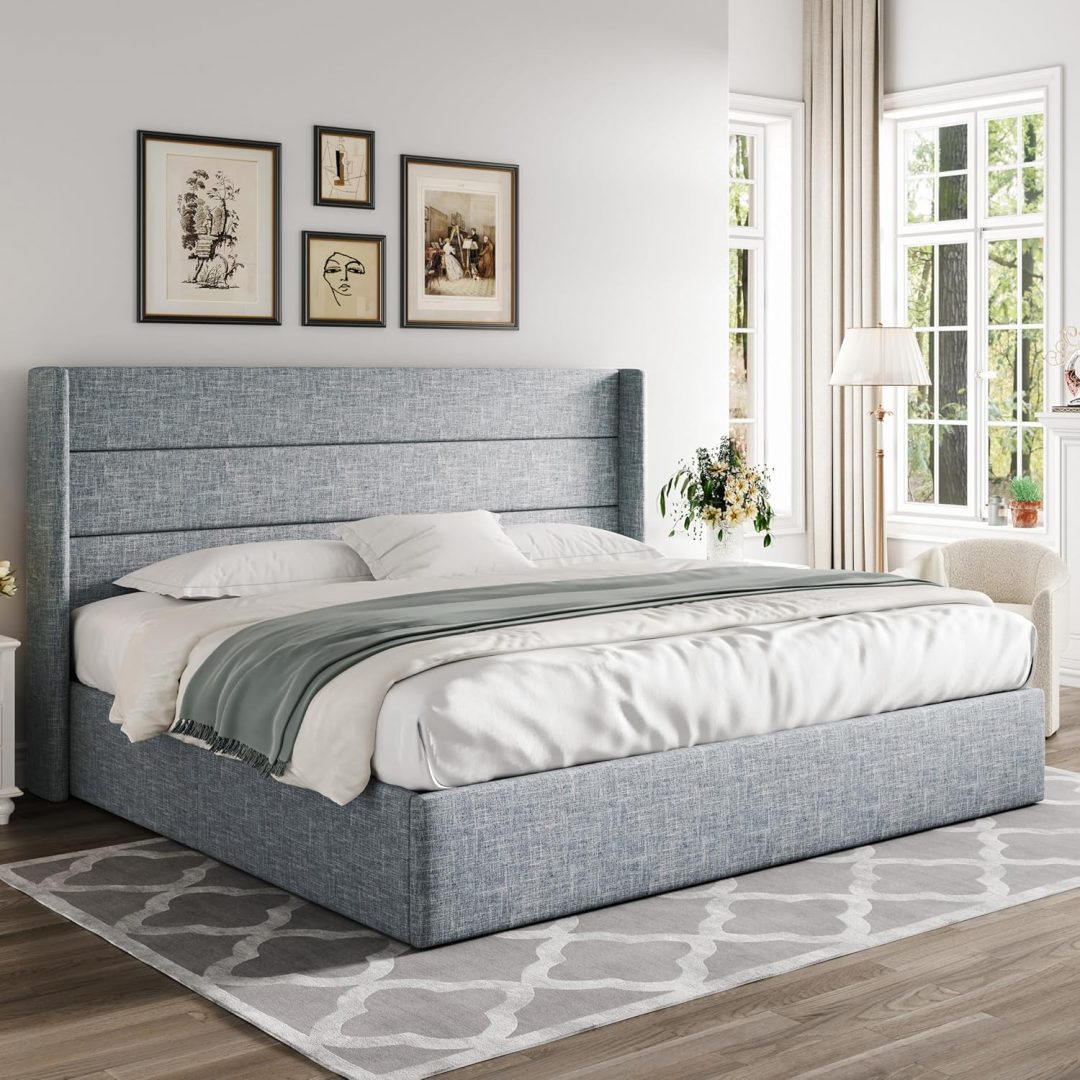 ZenVora Queen Size Lift Up Storage Bed with Wingback Headboard, Upholstered Platform Bed Frame with Hidden Storage